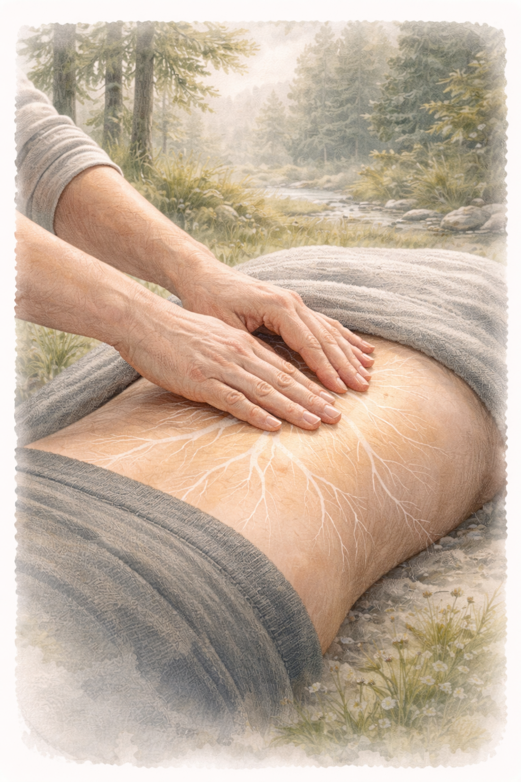 Ganzheitliche Muskeltherapie zur Regulation von Muskeln und Faszien Hände bei einer naturmedizinischen Muskeltherapie am unteren Rücken mit visualisierter Faszienstruktur