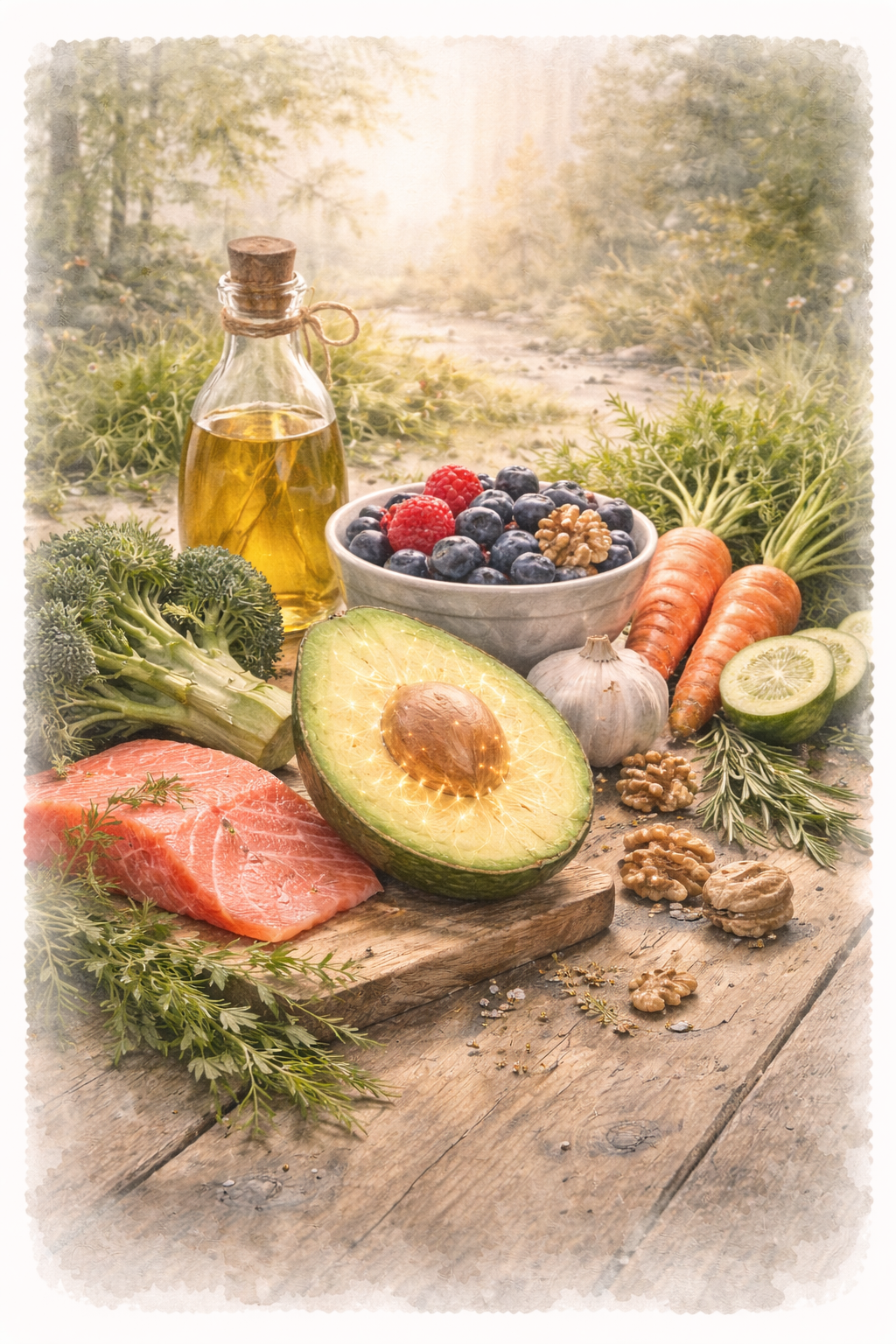 Naturmedizinische Ernährung – Ganzheitliche Gesundheitsförderung Natürliche Lebensmittel wie Avocado, Beeren, Gemüse und Öl in einer nordischen Aquarellillustration