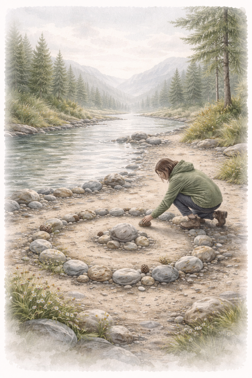 Naturtherapie in der Natur – Symbol für ganzheitliche Regulation Steinkreis am Fluss mit kniender Person in nordischer Natur